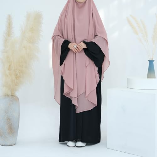 SYANKANGXIAO Ramadan Eid Khimar Abaya Turkey Islam Muslim Chiffon 2 Layers Long Hijab Dress Prayer for Women Full Cover Robe - color: Pink