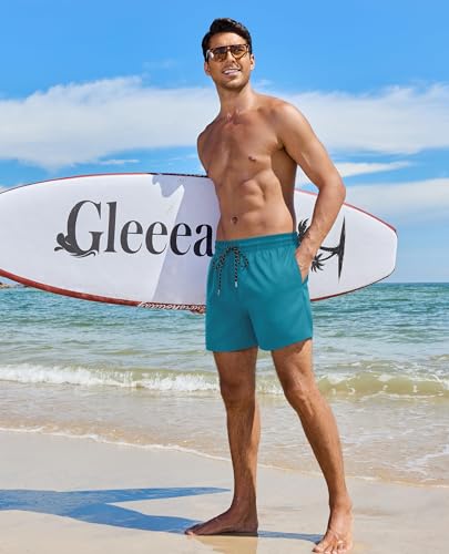 Gleeease 5 Inch Mens Swim Trunks with Compression Liner Men's Bathing Suit | Mens Swim Shorts 4 Pockets Quick Dry 2 in 1 Water Resistant Solid Stretch Breathable Surfing Beach Elastic Waistband Swimsuit - color: Bluish Green, size: Small