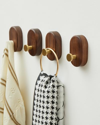 Wood Coat Hooks Wall Mount - Modern Walnut Coat Hook with Bronze Accent for Hanging Clothes,Keys,Purse,Robes,Towel,Backpacks, Single Brass Wall Hooks Heavy Duty for Entryway, Closet, Bathroom (4 Pack) - style: 4 Pack