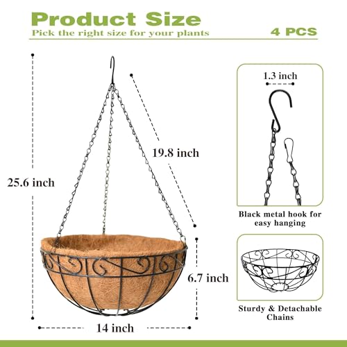 4 Pack 14 Inch Hanging Baskets for Plants Outdoor Metal Hanging Planter Hanging Flower Baskets with Coco Fiber Liners Chain Round Wire Plant Holder Hangings Flower Pots(Plaid) - size: 14 Inch, style: Plaid