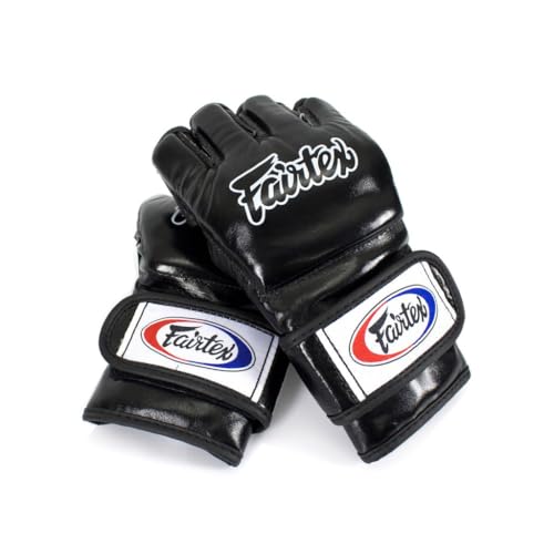 Fairtex FGV12 MMA Gloves, Official ONE Championship Leather Grappling Gear | Full-grain hide with triple-layer padding. Split knuckles, open-palm loop deliver thumb freedom for clinching and submissions - color: Black, size: Small