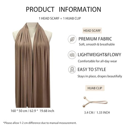 Jersey Hijab Scarf for Women,Lightweight Muslim Turban Head Scarf Modal Feel Hijab Coverings for Prayer with Clip - color: Brown