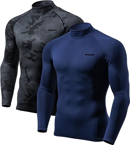 TSLA Men's Thermal Long Sleeve Compression Shirts, Mock/Turtleneck Winter Sports Running Base Layer Top - color: 2pack Navy/Woodland Black, size: X-Small