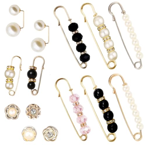 14 Pieces Brooch Safety Pins Pearl Brooch Button Pin Pant Waist Tightener Pins for Clothes Sweater Shawl Collar Dress Cardigan Shirt Jeans Accessories for Women Girls - size: Vintage