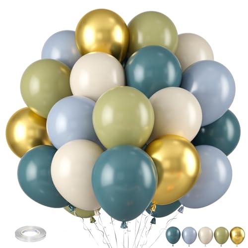 Dusty Blue Green Balloon, Sage Green and Retro Blue Balloons, Sand White Metallic Gold Sea Balloons for Women Men Boho Birthday Wedding Baby Shower Jungle Safari Wild Party Decorations - color: Dusty Blue Green White