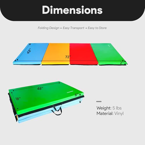 BalanceFrom 6x4 Feet 4-Panel Folding Gymnastics Mat – 2-Inch Thick Pad with Vinyl Surface and Carrying Handles for Tumbling, Yoga, Pilates, Home Workouts, and Martial Arts - color: Multi-Color