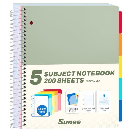 SUNEE 5 Subject Notebook College Ruled - 200 sheets (400 Pages), 9"x11", 5 Pocket Colored Dividers, 3-Hole Punched Paper, Sage Green - color: Sage Green, style: College Ruled