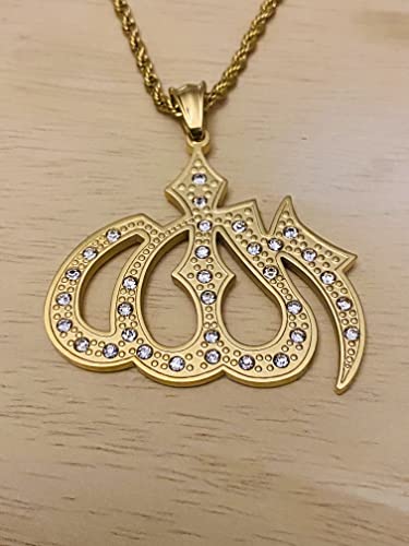 Allah Pendant Necklace – 14K Gold Finish Iced Out Religious Charm with Stainless Steel 3mm Rope Chain, Islamic Muslim Jewelry for Men & Women - size: 16" Necklace