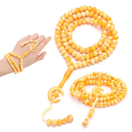 2 Pack Prayer Beads, Muslim Tasbih 99 Beads Allah & Muhammad Islamic Prayer Rosary Muslim Islam Misbaha Tasbeeh 99 Necklace for Men and Women(Light Yellow) - color: Light Yellow