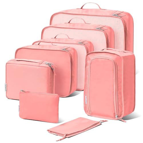 (Not Made In China) Pink Luggage Organizer Bags for Travel, Ultra Lightweight Packing Cubes, Space Saving Clothes Organizers for Carry On and Checked Luggage - color: Pink