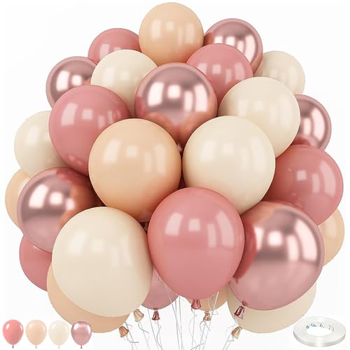 60pcs Dusty Pink Balloons 12 Inch Blush Pink Dusty Rose Nude Balloons Ivory White Metallic Rose Gold Decorations for Boho Baby Shower Girl Birthday Party Wedding Bridal Shower Party Decorations - color: Pink