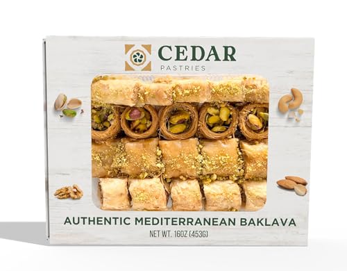 Cedar Pastries 19 Piece Baklava Assortment – Mediterranean Dessert Gift Box – Pistachio, Cashew & Walnut Phyllo Pastries – Gourmet Middle Eastern Sweets – Kosher & Halal Certified - size: 16 Ounce (Pack of 1)