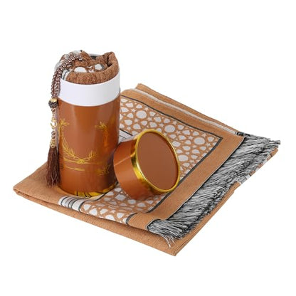 Islamic Prayer Rug Elegant Masjid Pattern Thin Mat Muslim Portable Blanket with Beads Ramadan Eid Gift Rug Turkish Prayer Carpet - color: Setc Khaki