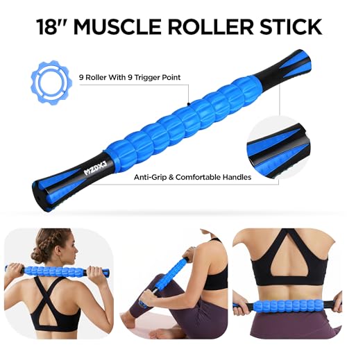 Muscle Roller & Massage Roller Stick for Athletes - Lymphatic Drainage Support, Relieves Muscle Soreness, Cramping & Tightness - Targets Legs, Arms, Back & Calves （Blue Wheel） - color: Blue