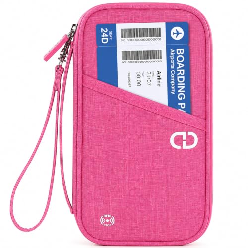 Family Passport Holder for Travel, RFID Blocking Travel Wallet with Zipper - color: Rose Red