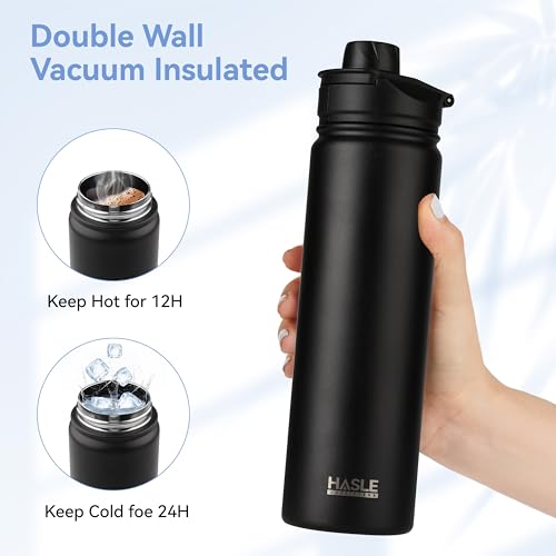 HASLE OUTFITTERS Insulated Water Bottle 22 oz Double Wall Stainless Steel Water Bottle Wide Mouth with Straw Lid & Spout Lid Keeps Cold or Hot(Black,1) - color: Black, size: 22 Ounces