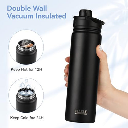 HASLE OUTFITTERS Insulated Water Bottle 22 oz Double Wall Stainless Steel Water Bottle Wide Mouth with Straw Lid & Spout Lid Keeps Cold or Hot(Black,1) - color: Black, size: 22 Ounces