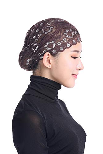 Vpang 5 Pack Womens Muslim Inner Hijab Caps Shiny Lace Head Cover Stretch Beanie Turban Hat Chemo Cap Headwrap Cover - color: Set 3