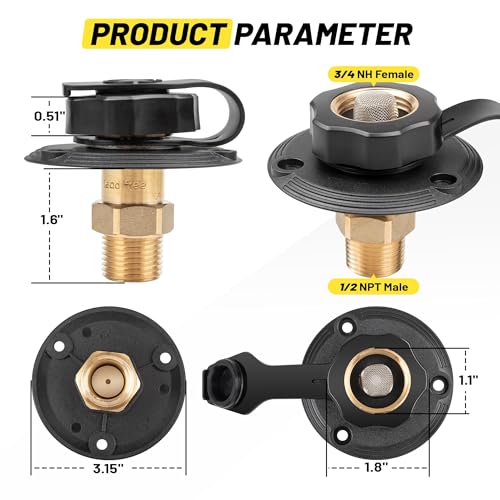 Oyviny RV City Water Inlet with Check Valve, Lead-free Brass RV Fresh Water Inlet 3/4 NH Female to 1/2 NPT Male Connection, Water Fill Inlet Flange Replacement for Camper Trailer Motorhome Marine