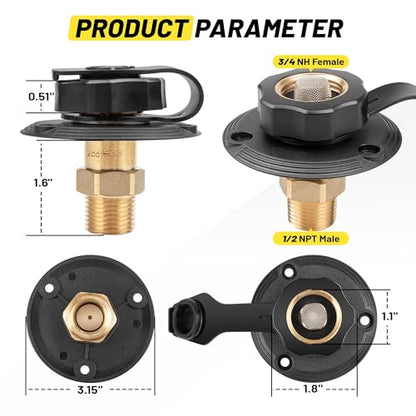 Oyviny RV City Water Inlet with Check Valve, Lead-free Brass RV Fresh Water Inlet 3/4 NH Female to 1/2 NPT Male Connection, Water Fill Inlet Flange Replacement for Camper Trailer Motorhome Marine