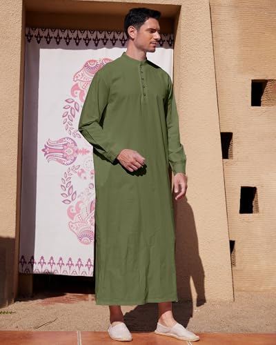 YAOHUOLE Muslim Thobe for Men Button down Mens Caftans Big and Tall Mens Arab Thobe with Pocket - color: Army Green, size: 3X-Large