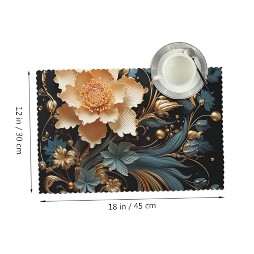 Placemats Set of 4 Heat Resistant Gold Flowers on Black Place mat for Dining Table Non-Slip Table Mats Desktop Protection Pad Washable Place Mats for Kitchen Dining Outdoor - color: Gold Flowers on Black