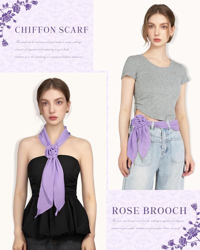 Chiffon Scarf for Women, Removable Flower Neck Scarf Light Soft Fashion Rose Scarves Versatile Headband or Hair Band - color: Light Purple