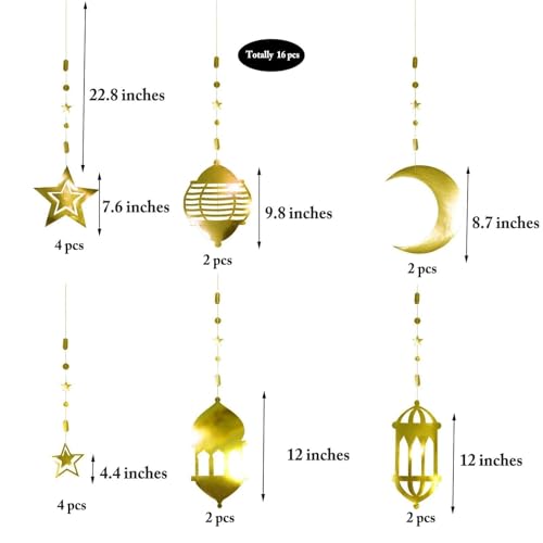Cheerland Ramadan Decorations Gold Star Moon Lantern Garland Pre-Assembled Shining Hanging Ramadan Mubarak Eid Decorations Banner Streamer for Eid Mubarak Decor Home Party Supplies 16 Pcs