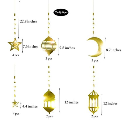Cheerland Ramadan Decorations Gold Star Moon Lantern Garland Pre-Assembled Shining Hanging Ramadan Mubarak Eid Decorations Banner Streamer for Eid Mubarak Decor Home Party Supplies 16 Pcs