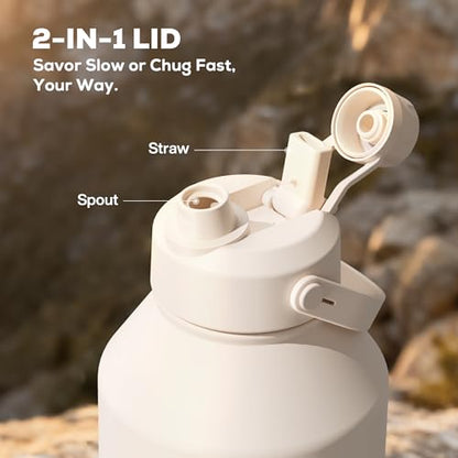 POWCAN 64 oz Water Bottle Insulated with 2-in-1 Straw and Spout Lid, Carrier Bag, Handle Strap, Leakproof, BPA-Free, Half Gallon Metal Water Bottle for Camping, Picnic and Hydration (Cream) - color: Cream