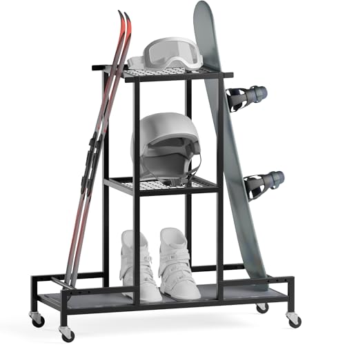 Standing Ski Storage Rack | Holds Snowboards & Skis, 3-Tier Organizer for Gear, Black - Ski Rack for Garage with Anti-Slipmat - style: with Anti-Slipmat