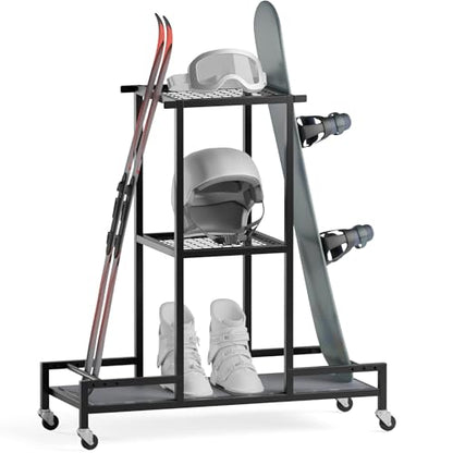 Standing Ski Storage Rack | Holds Snowboards & Skis, 3-Tier Organizer for Gear, Black - Ski Rack for Garage with Anti-Slipmat - style: with Anti-Slipmat