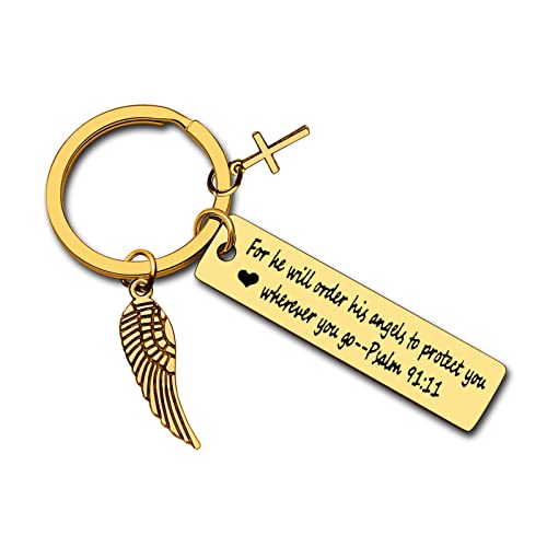 Dabihu Christian Keychain Gift for Women Men Religious Jewelry First Communion Gifts Baptism Gifts Bible Verse Keychain - color: For He Will Order His Angels to Protect You Wherever You Go Inspirational Gold Keychain