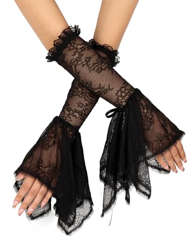 L'VOW Women's 1 Pair Gothic Black Lace Sleeves Witch Gloves Victorian Lace Arm Sleeve Vampire Accessory - color: E Black