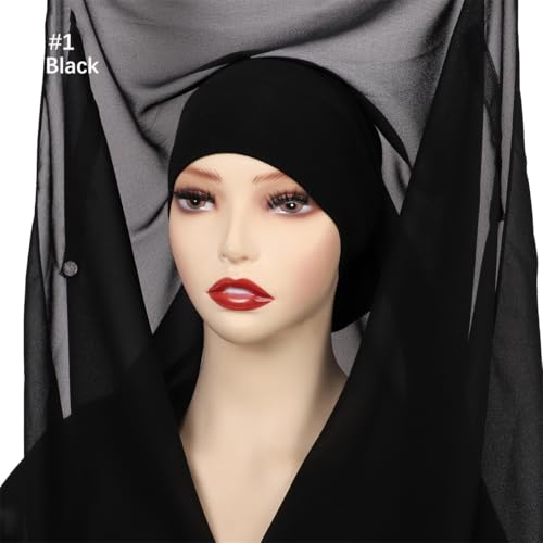 Instant Chiffon Hijab Set 3-in-1 Hijabs Scarf with Built-in Magnets and Undercap Head Wraps with Modal Cap - color: Black