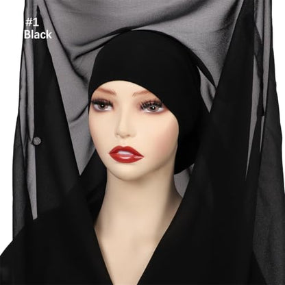 Instant Chiffon Hijab Set 3-in-1 Hijabs Scarf with Built-in Magnets and Undercap Head Wraps with Modal Cap - color: Black