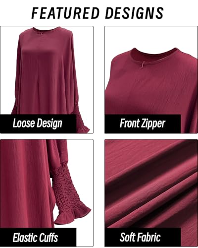 Muslim Prayer Abaya Islamic Women's Khimar Pure Color Hijab Dress Long Sleeve Dubai Kaftan - color: Darkred