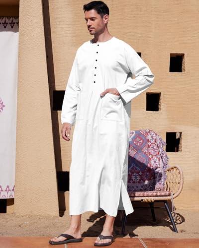 YAOHUOLE Kaftan for Men Long Sleeve Muslim Men Thobe Kaftan Thobe with Pockets - color: White, size: Large