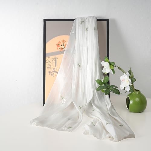 Shinny Threat Hijab Flower Embroidery Shawl Scarf Summer Cool Headwrap | Shinny Threat, Flower Embroidery - color: White