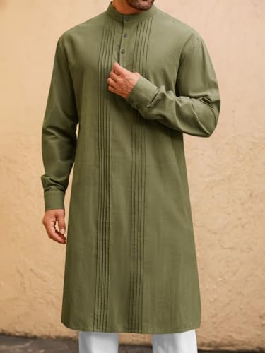Runcati Mens Kaftan Robe Button Down Long Sleeve Cotton Linen Thobe Casual Muslim Gown Henley Shirt - color: Army Green, size: X-Large