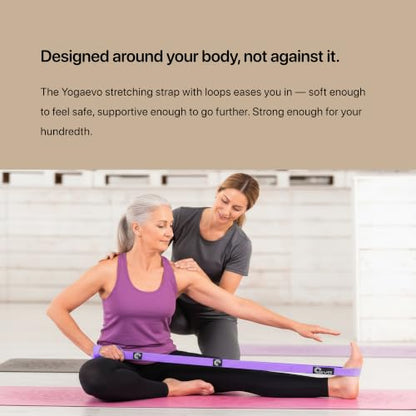 YogaEVO Stretching Strap with Loops for Physical Therapy — Yoga Strap & Resistance Band in One — Flexibility & Back Recovery — HD Video Routines Included - color: Purple