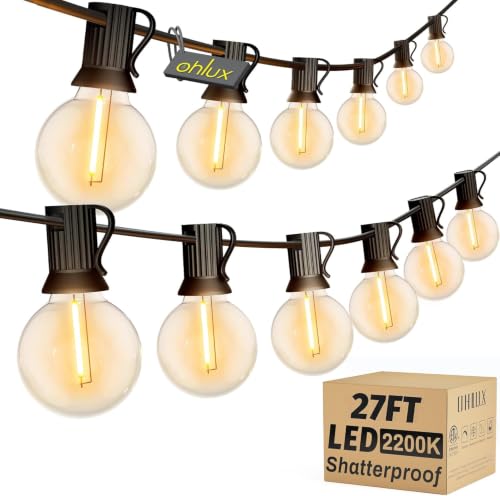 OHLUX Outdoor String Lights, 27FT LED Patio Lights with 13 Dimmable Plastic G40 Globe Bulbs(1 Spare), 2200K Waterproof Connectable Hanging Lights for Backyard Porch Cafe Party Decor E12 Socket Base - size: 27FT