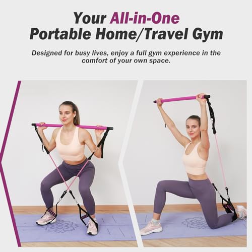 Upgraded Pilates Bar Kit with Resistance Bands Natural Latex for Women & Men, Heavy-Duty Stainless Steel Multifunctional Yoga Pilates Stick for Home Gym Exercise Fitness Equipment Full-Body Workouts - color: Purple Red