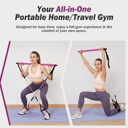 Upgraded Pilates Bar Kit with Resistance Bands Natural Latex for Women & Men, Heavy-Duty Stainless Steel Multifunctional Yoga Pilates Stick for Home Gym Exercise Fitness Equipment Full-Body Workouts - color: Purple Red