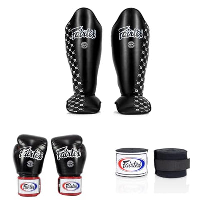 Fairtex SP5 Black Large Shin Guards + BGV1 16 oz Black/White/Red Glove Muay Thai Handwrap Black 180 inch