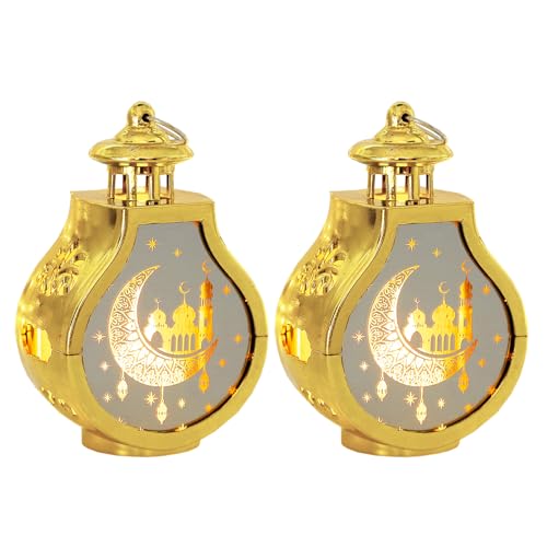 ALIBBON 2 Pcs Ramadan Lantern Mini Gold Candle Lantern Decorative Hanging Lantern Eid Mubarak Lantern Moon Star Castle Lantern Ramadan Decorations for Home Indoor Outdoor Ramadan Table Decor - color: Pear-shaped Gold