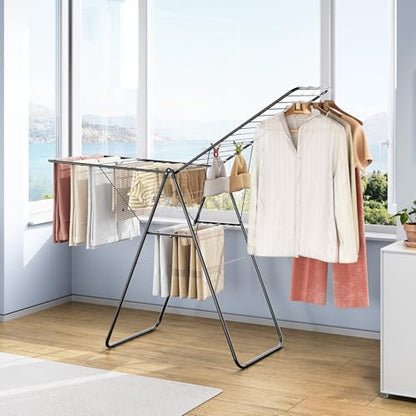 KINGBOARD Clothes Drying Rack Foldable, Drying Rack Clothing with Height-Adjustable, Metal Laundry Rack, Indoor Outdoor Use, No Assembly, 20.47"x 70"x 42.52", Black - color: Black