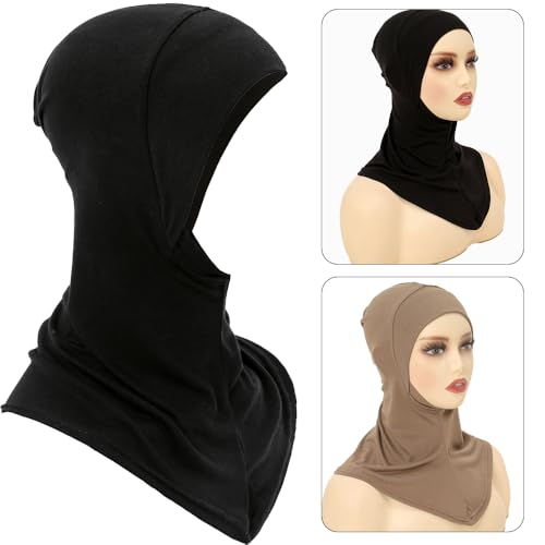 Women Slouchy Beanies Cap Soft Hijab Cap Under Scarf for Women Muslim Jersey Hijab Undercaps(1PC/2PC) - color: Black+khaki