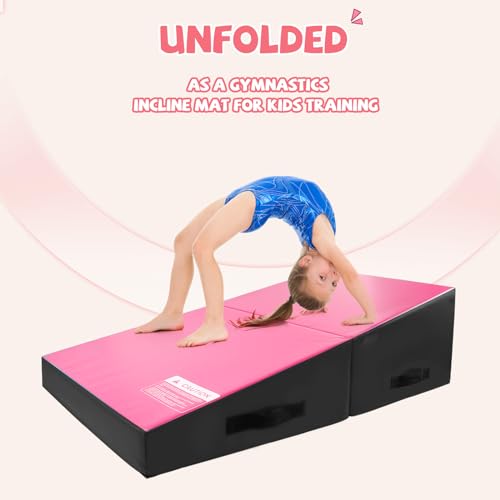 Kangaroo Hoppers Gymnastics Cheese Wedge Mat for Kids Ages 1-12 | 3 Sizes Folding Incline Mat with High-Density EPE Foam and Removable PVC Leather Cover, Home Gym Training Equipment - color: Black/Hot Pink, size: 48" x 24" x 14"