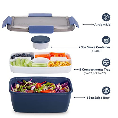 Caperci Large Salad Container Bowl for Lunch - Better Adult Bento Lunch Box 68 oz, 5-Compartment Tray, 2pcs 3-oz Sauce Cups, Stackable, BPA-Free (Navy) - color: Navy